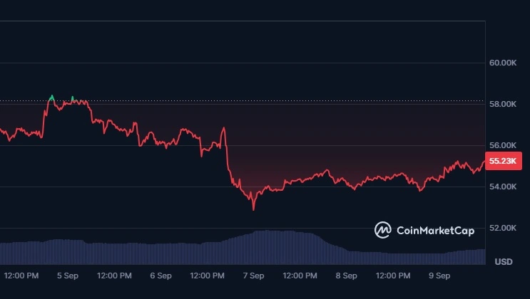 Стоимость биткоина упала до отметки $52,850.
