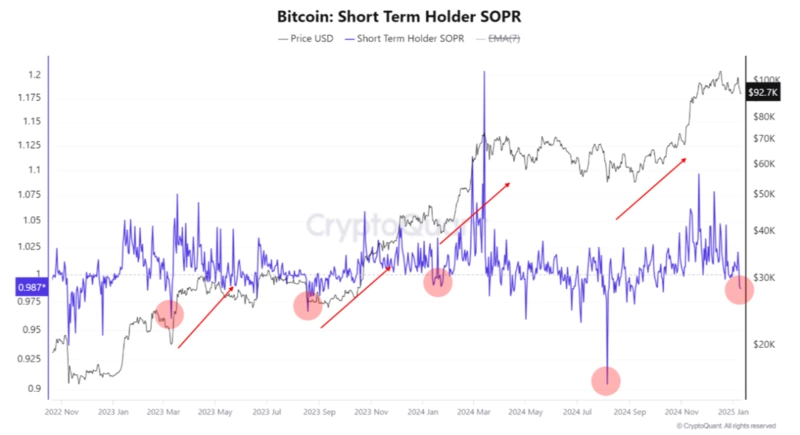 График краткосрочного держателя биткоина SOPR с трендами
